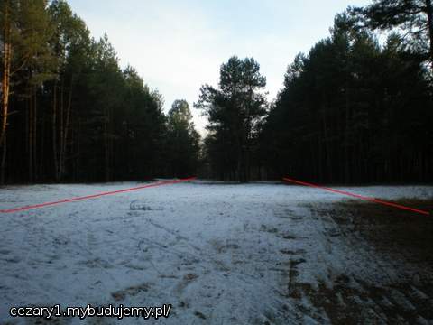przy lewej czerwonej linii, 3m od granicy stanie dom wg projektu KANON II lustrzane odbicie, drzwiami wejściowymi do ogrodu, mniej więcej pośrodku tej polany