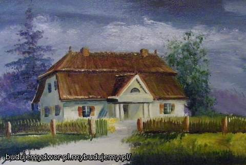 Wizualizacja bryły na działce. W projekcie usunięto balkon i dołożono naczółki. Malował Artur Sudak. (Projekt oczywiście w odbiciu lustrzanym.)